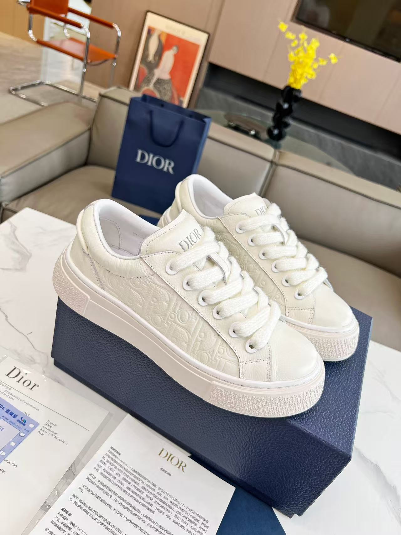 Dior B33 Sneaker, White Calfskin Embossed Oblique Motif