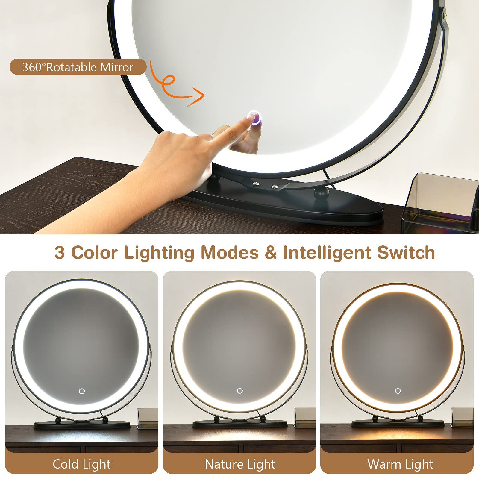 Vanity Set with 3 Colors Lighted Mirror