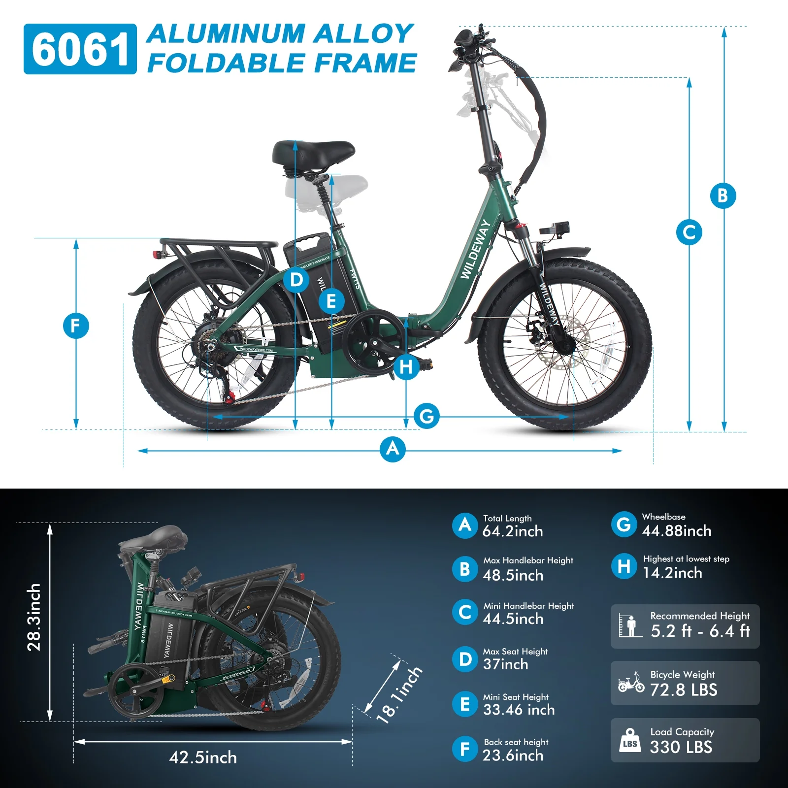 Wildeway 20in Folding Electric Bike, 750W, 48V 32Ah, Hydraulic Brakes