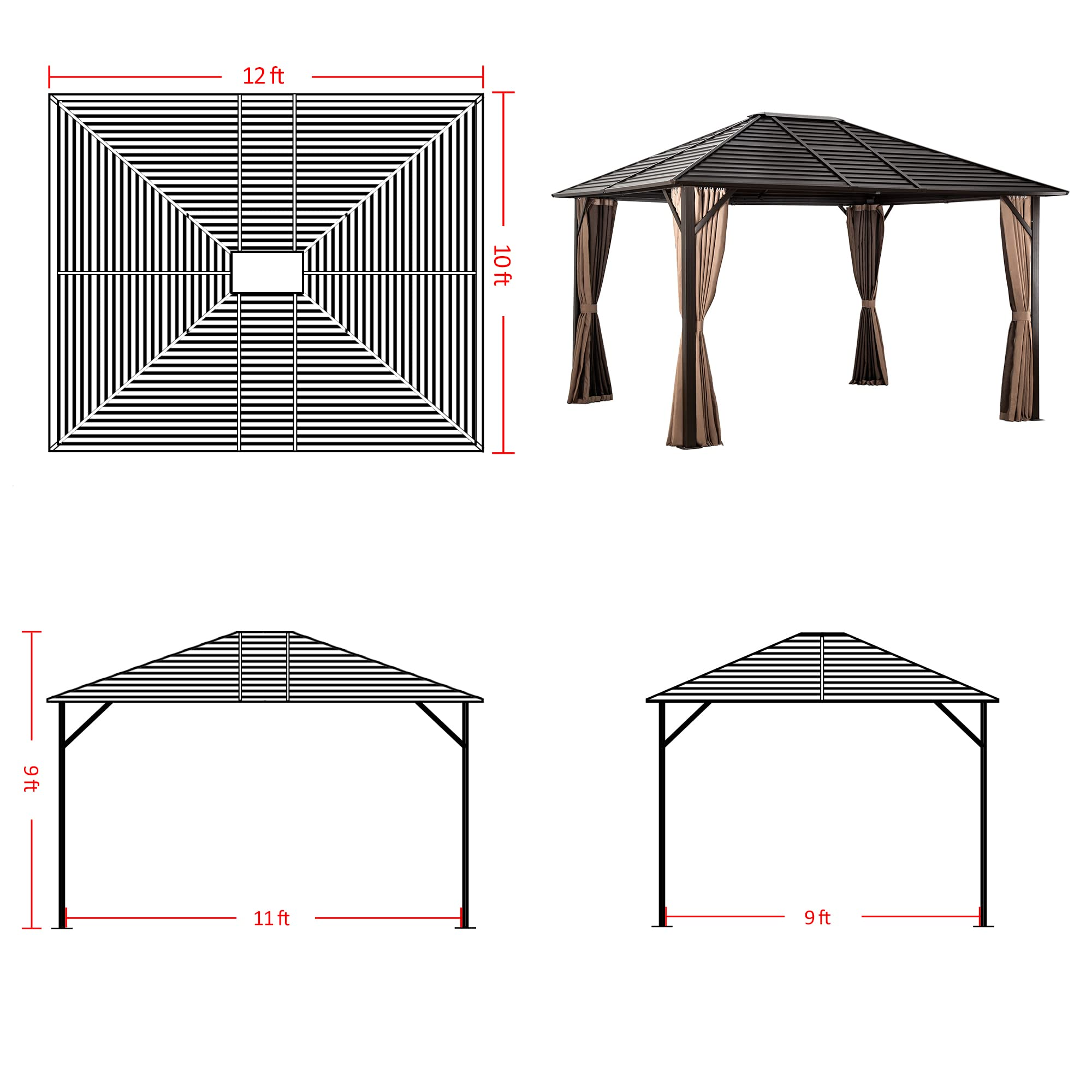 Patio Hardtop Gazebo with Fully Enclosed Zip Curtains