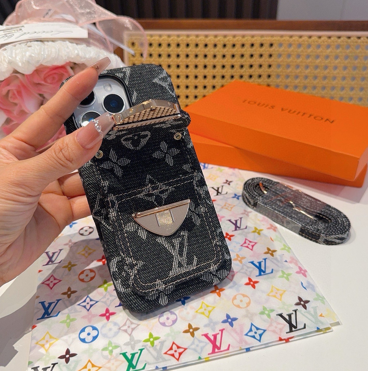 LV Denim Lock Card Holder Phone Case with Crossbody Strap