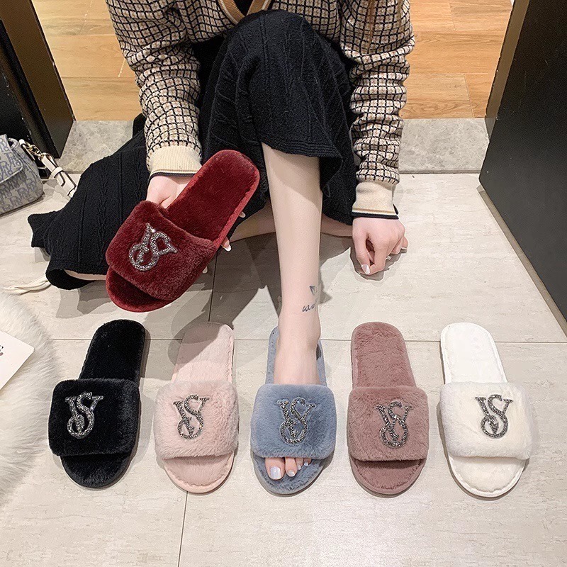 VS Faux Fur Logo Slider Slippers