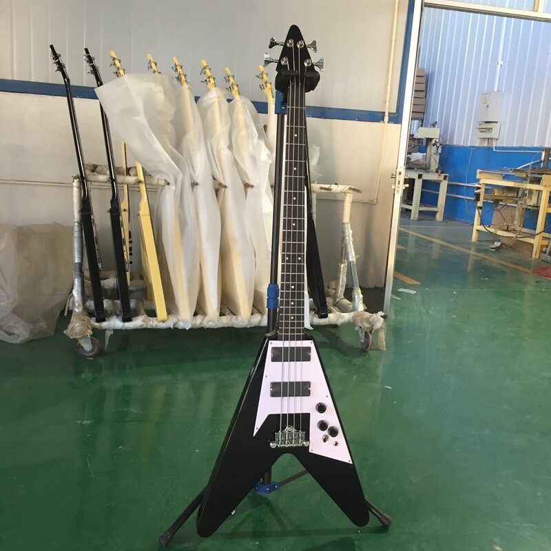 Black Flying V Electric Bass Guitar Solid Body HPL Fretboard HH Pickups 21 Frets