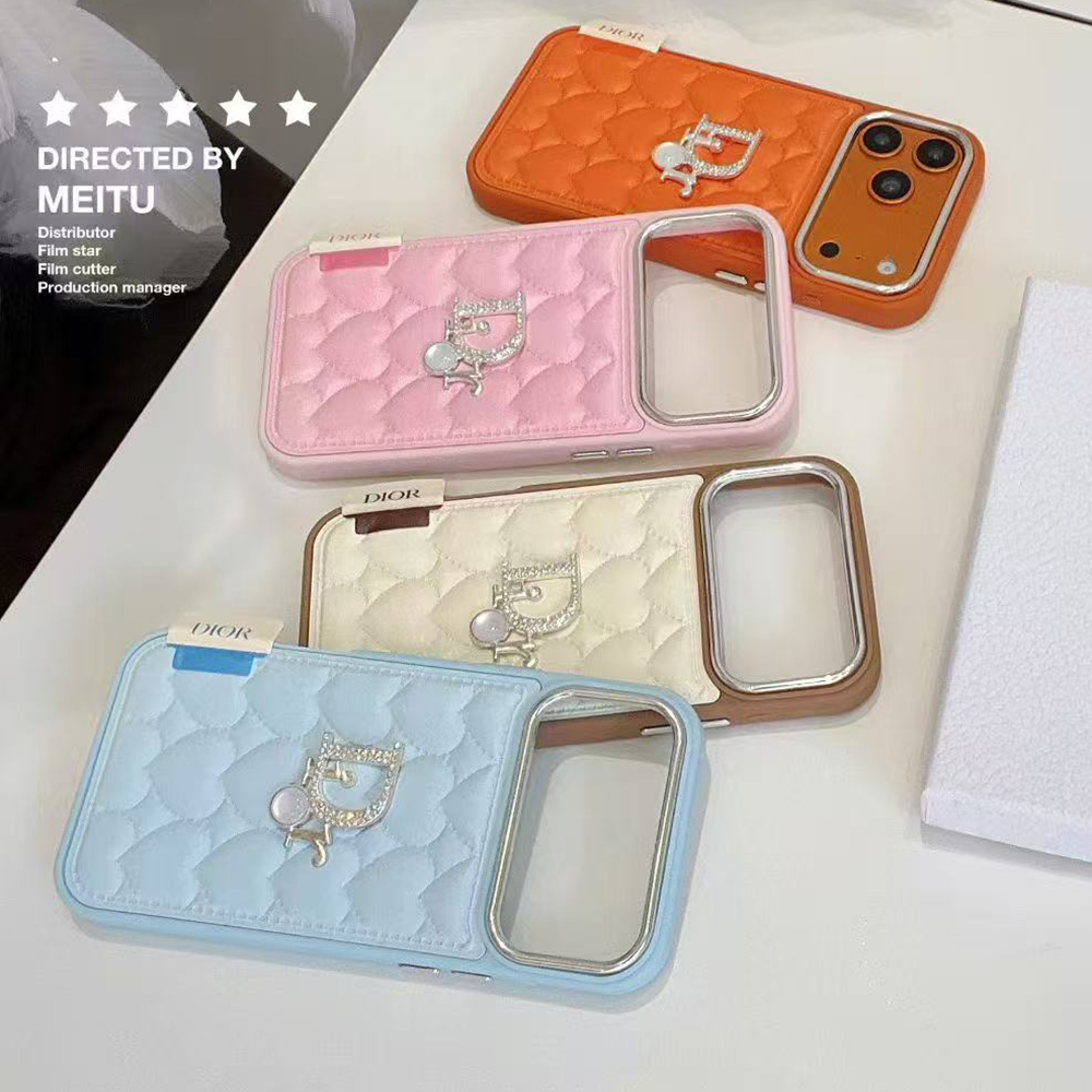 Dior Heart Quilted Leather Rhinestone Logo Luxury Electroplated Frame Phone Case