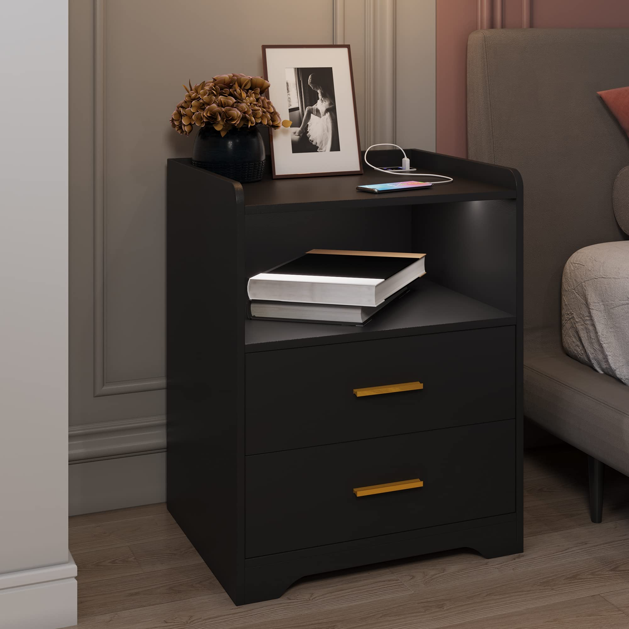 Black Nightstand with Charging Station