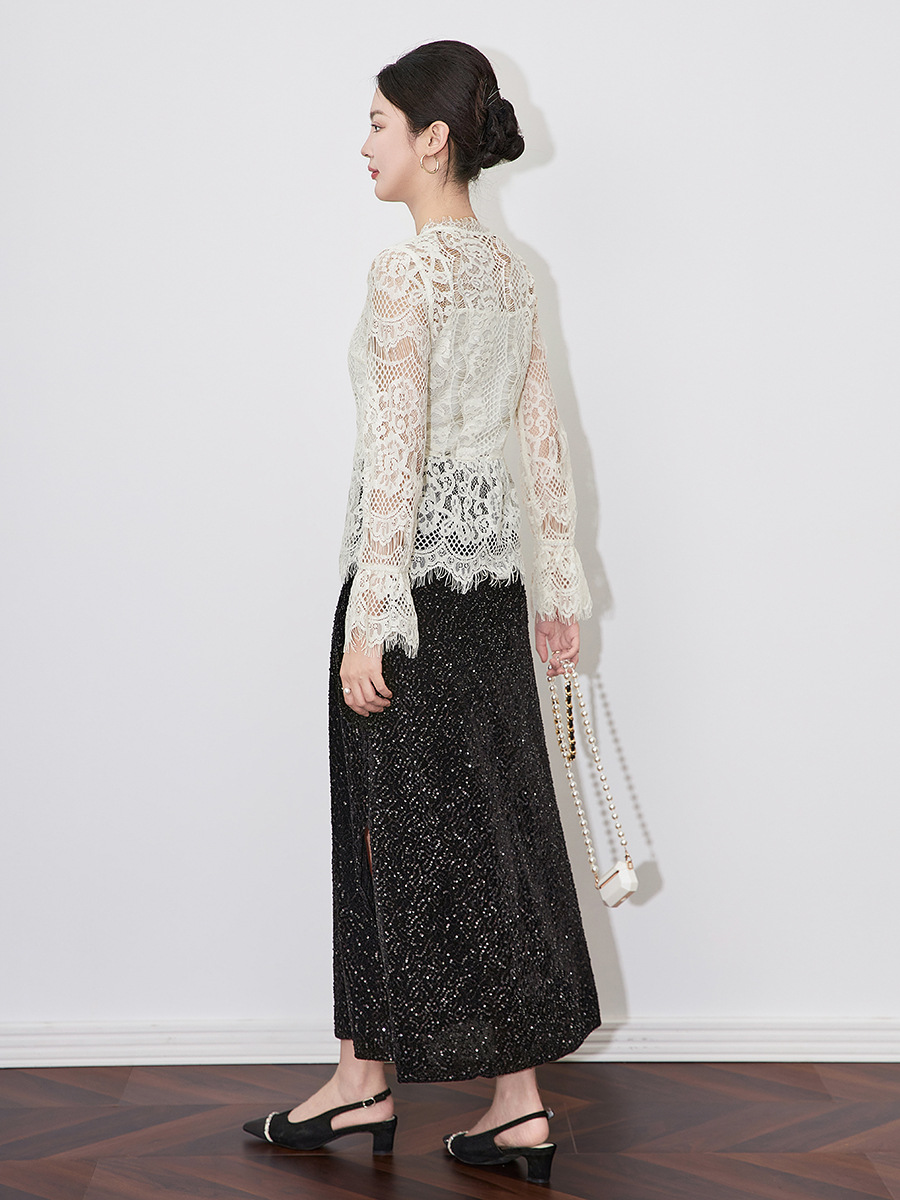 Women Summer White Eyelet Lace Shirt Cardigan V-neck Button Flare Sleeve Cover Ups Elegant Lady Sexy Sheer Top