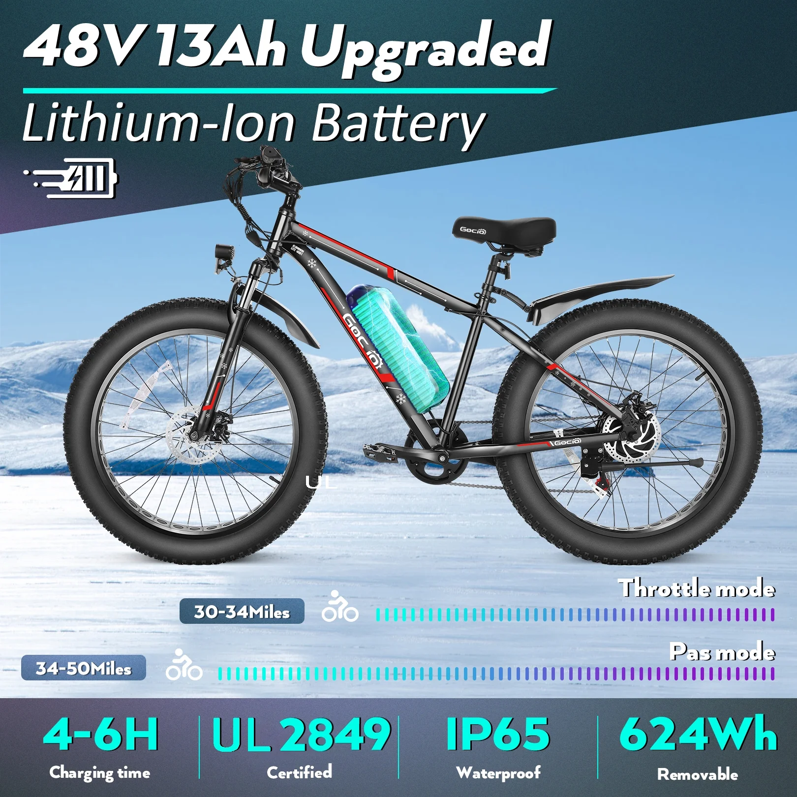 Gocio 26in Fat Tire Electric Mountain Bike, 500W, 48V 13Ah