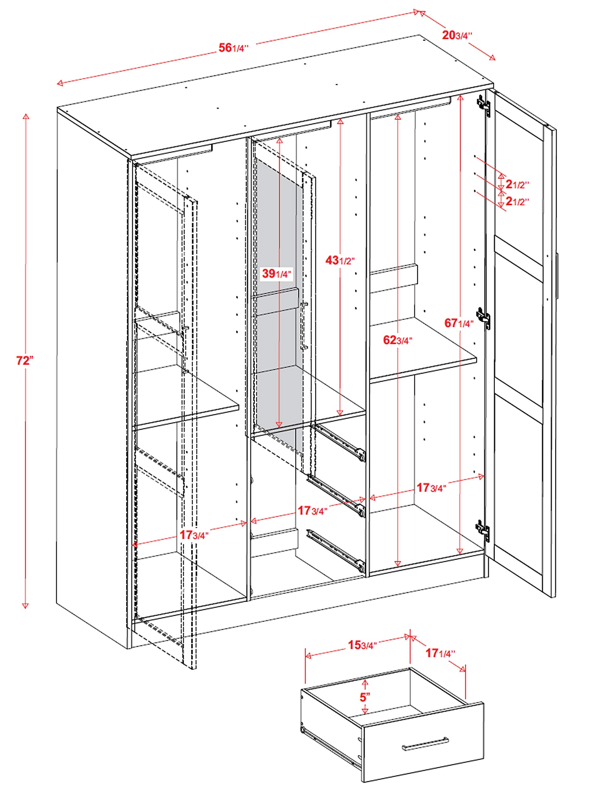 Cosmo Solid Wood 3-Door Wardrobe with Mirror and 3 Drawers