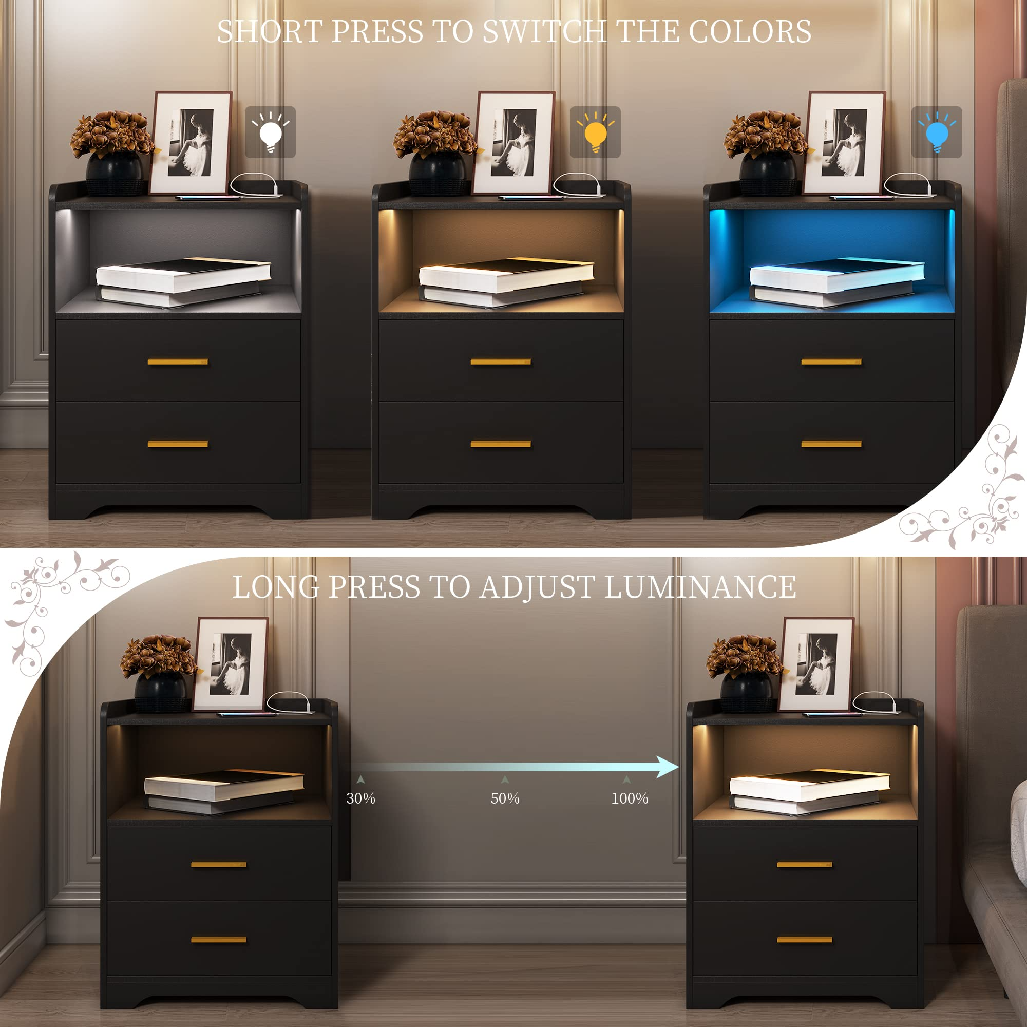 Black Nightstand with Charging Station
