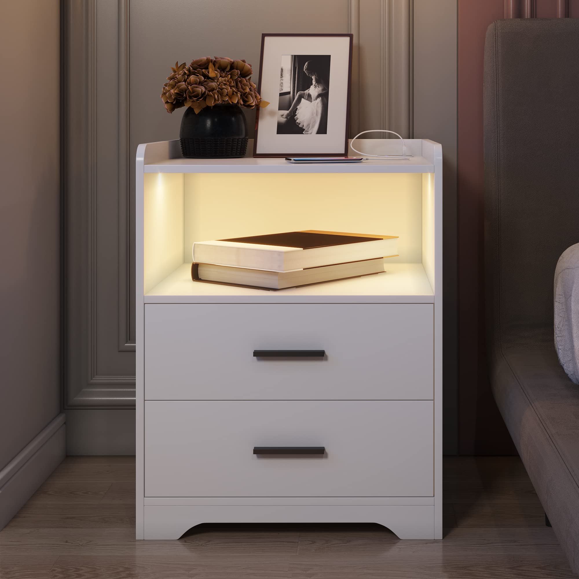 Black Nightstand with Charging Station