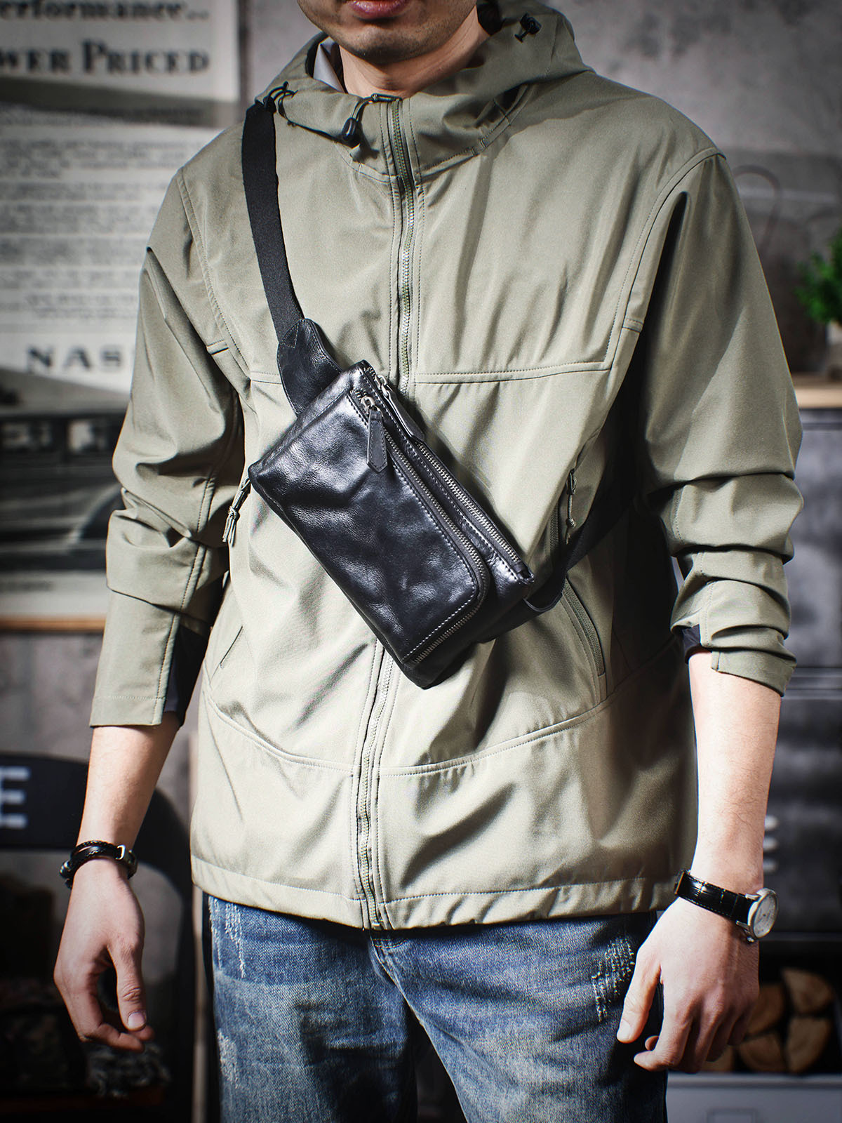 Modern Textured Leather Sling Pouch - Compact Utility for the Urban Lifestyle