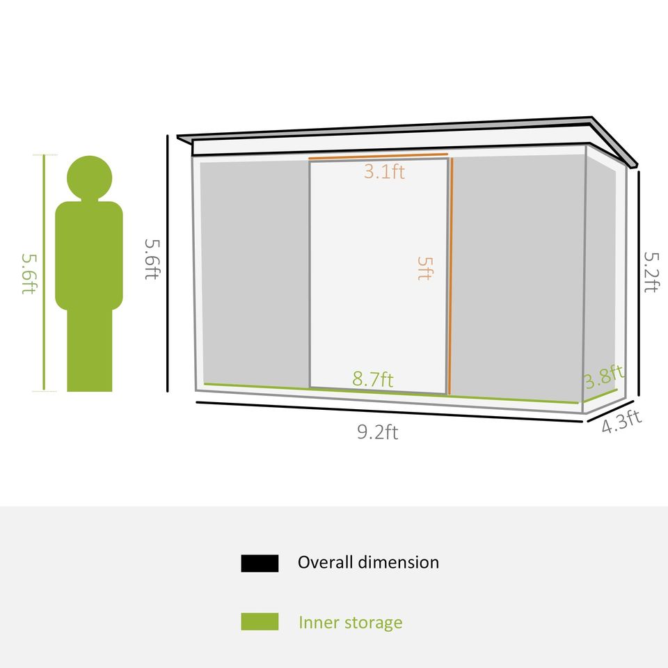 Corrugated metal storage shed outside equipment kit, light green