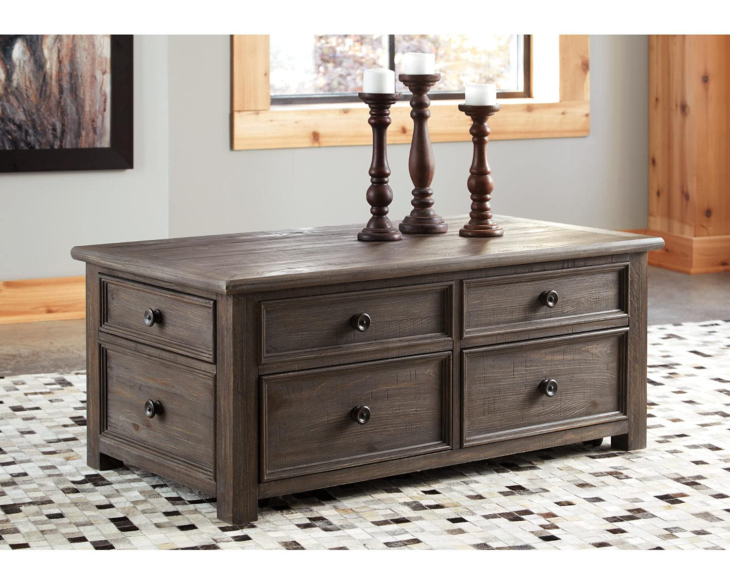 Rustic Rectangular Lift Top Coffee Table with 4 Storage Drawers