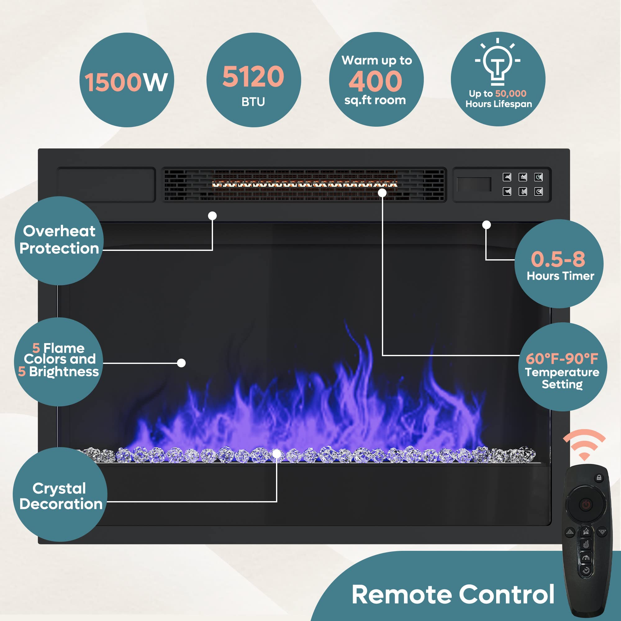 Fireplace TV Stand for 75 inch TV with 23 inch Electric Fireplace