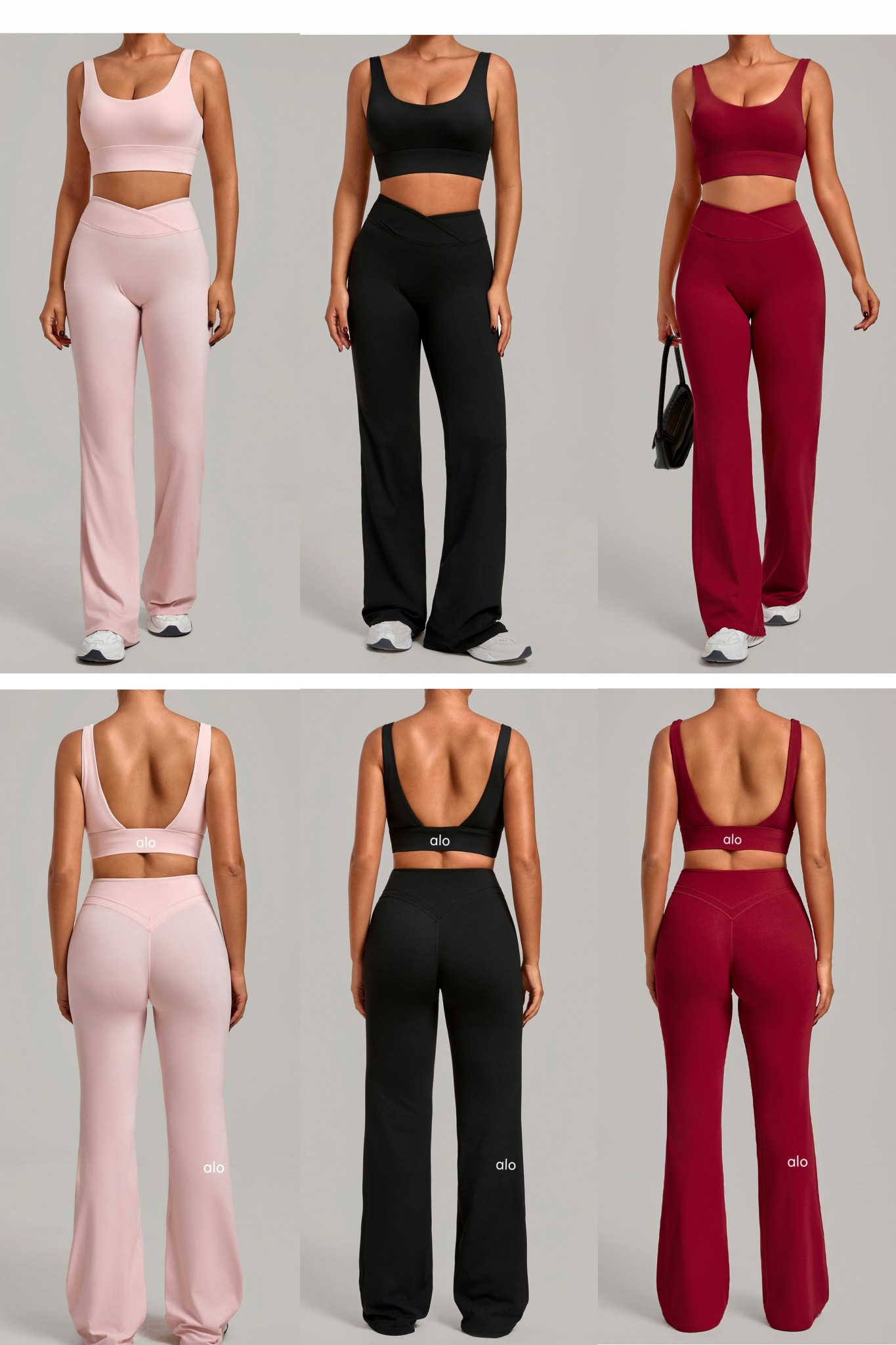 Alo Yoga Airbrush V‑Neck Bra & V‑Waist Flare Leggings 2‑Piece Matching Workout Set