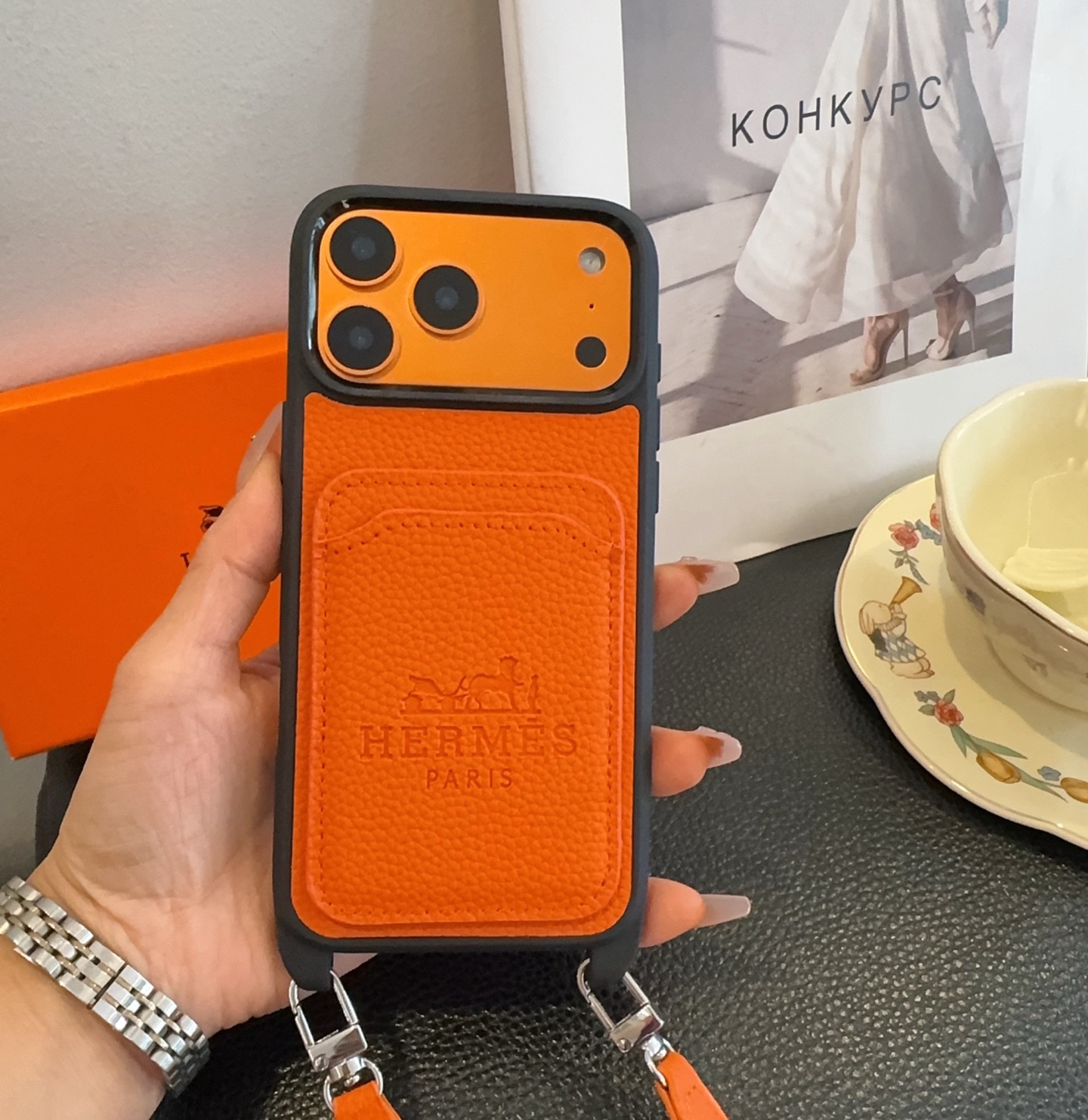 Hermès Paris Embossed Leather Card Pocket Crossbody Luxury Phone Case