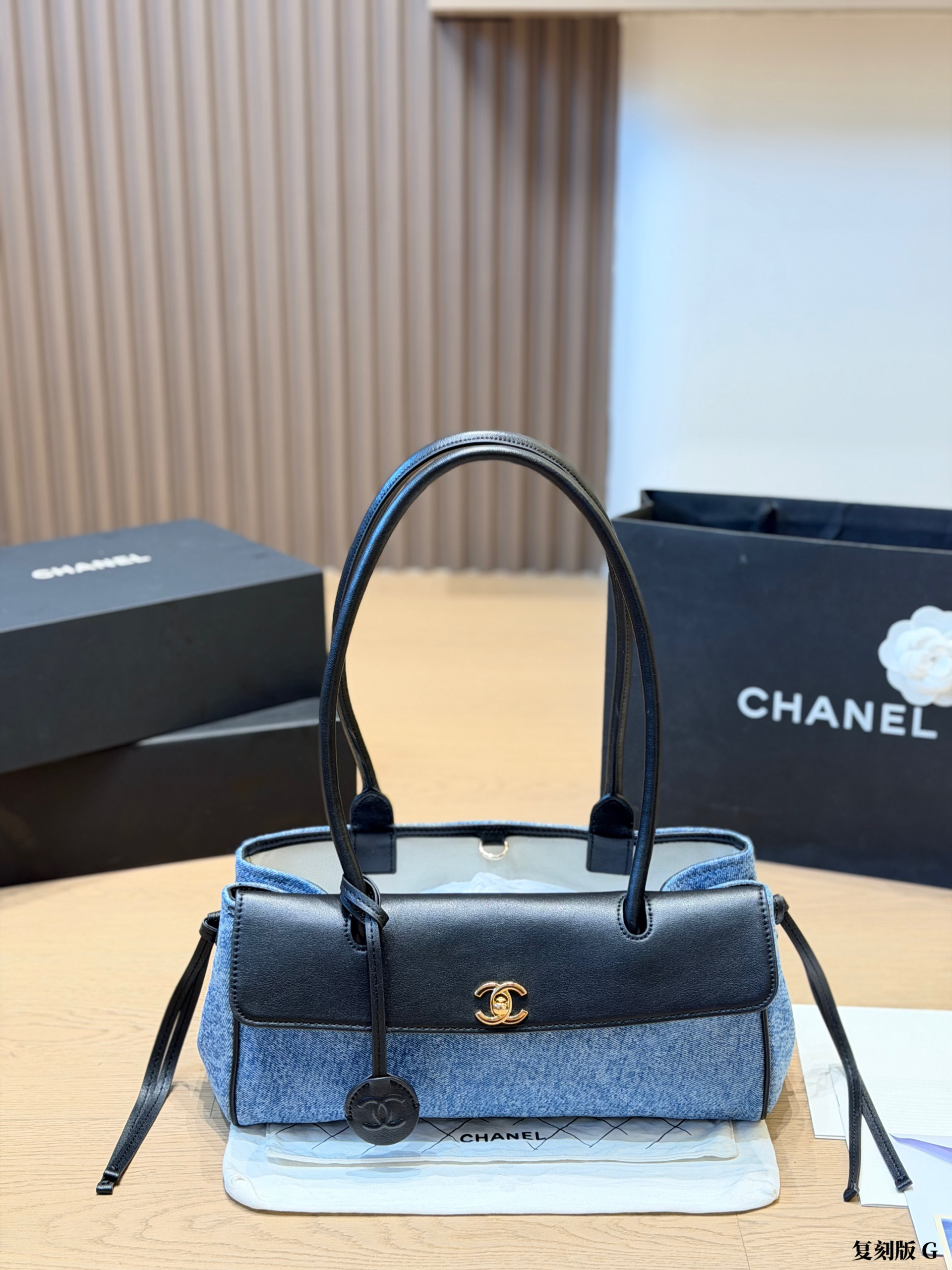 Chanel Drawstring Shopping Tote, Denim & Calfskin Leather