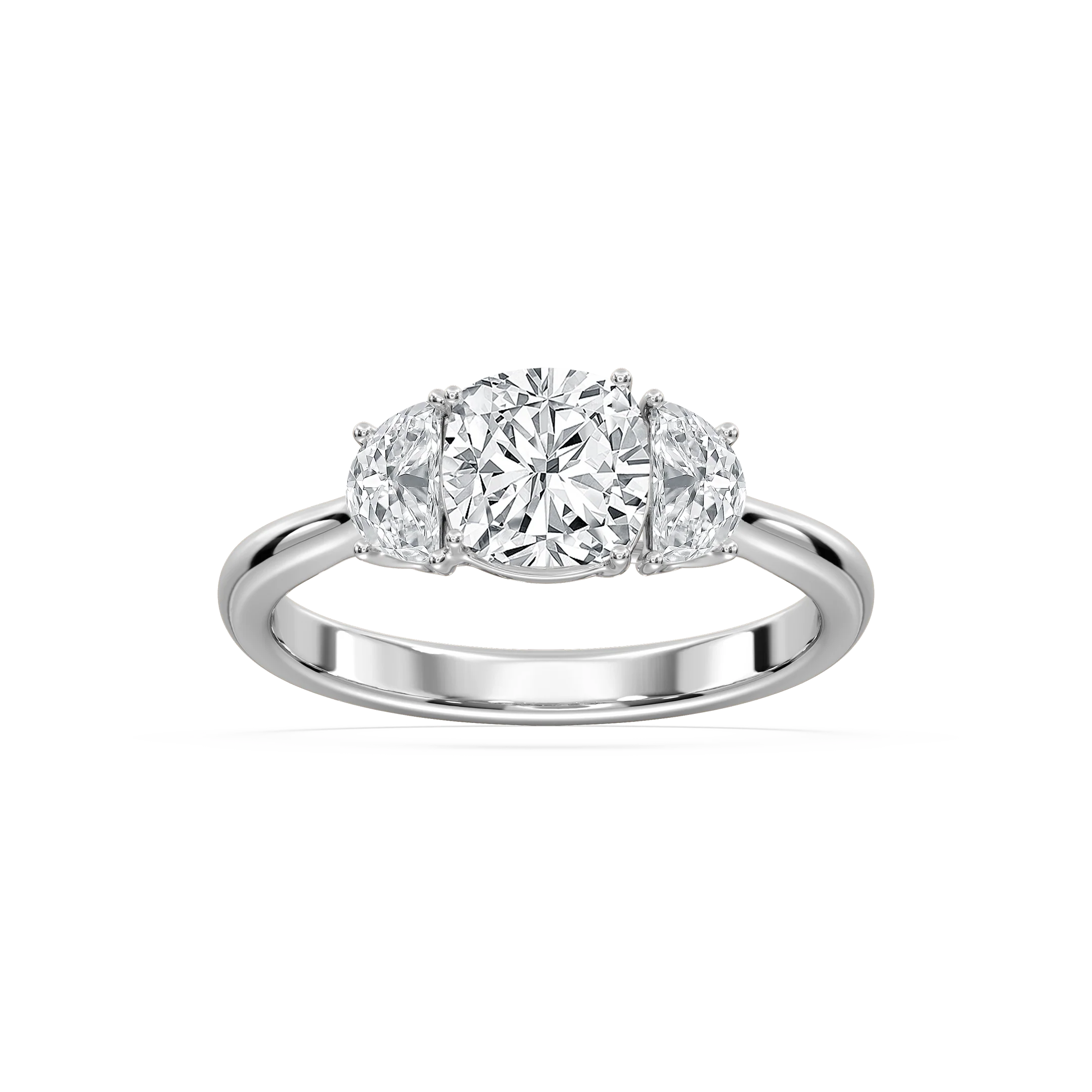 Mara Cushion Lab Grown Diamond with Half Moon Sides Trellis Three Stone Engagement Ring