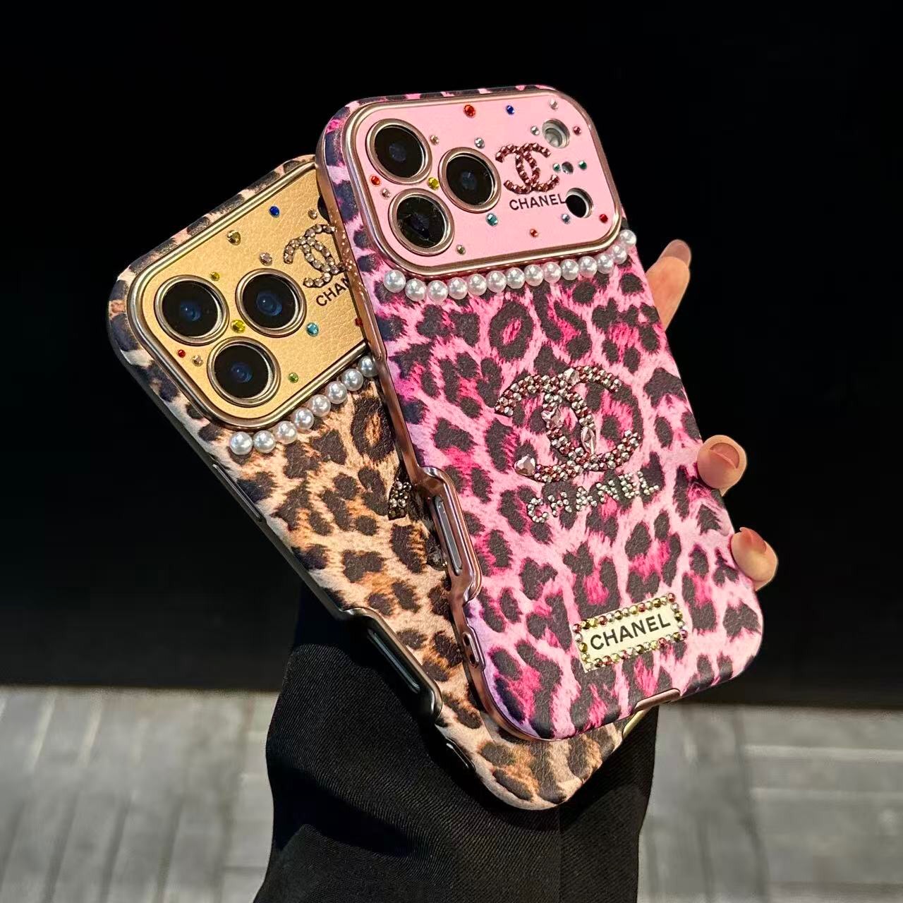 Leopard Print Rhinestone CC Logo Pearl Trim Luxury Shockproof iPhone Case With Crystal Wrist Chain