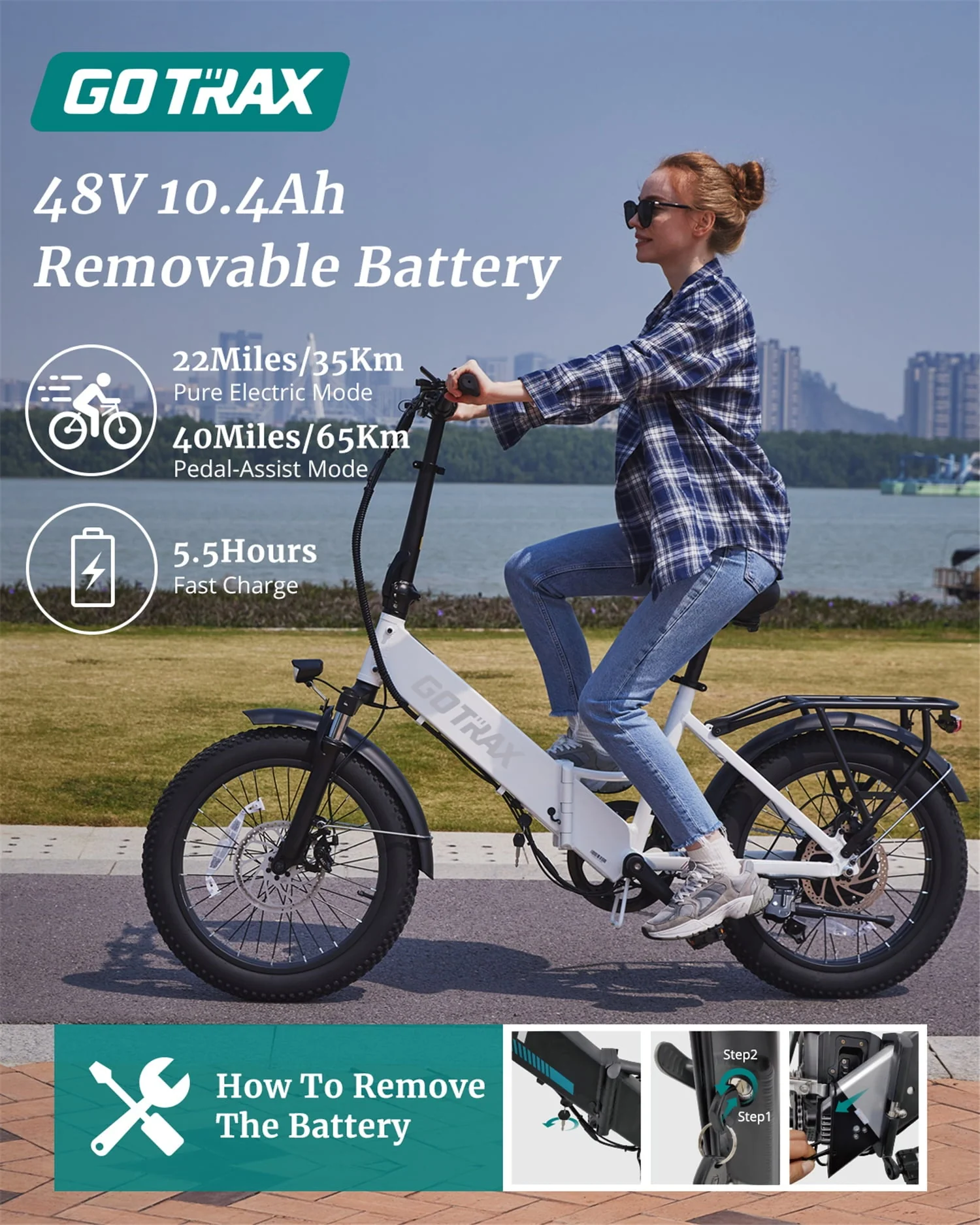 F2 20in Folding Fat Tire Electric Bike, 500W, 48V, White