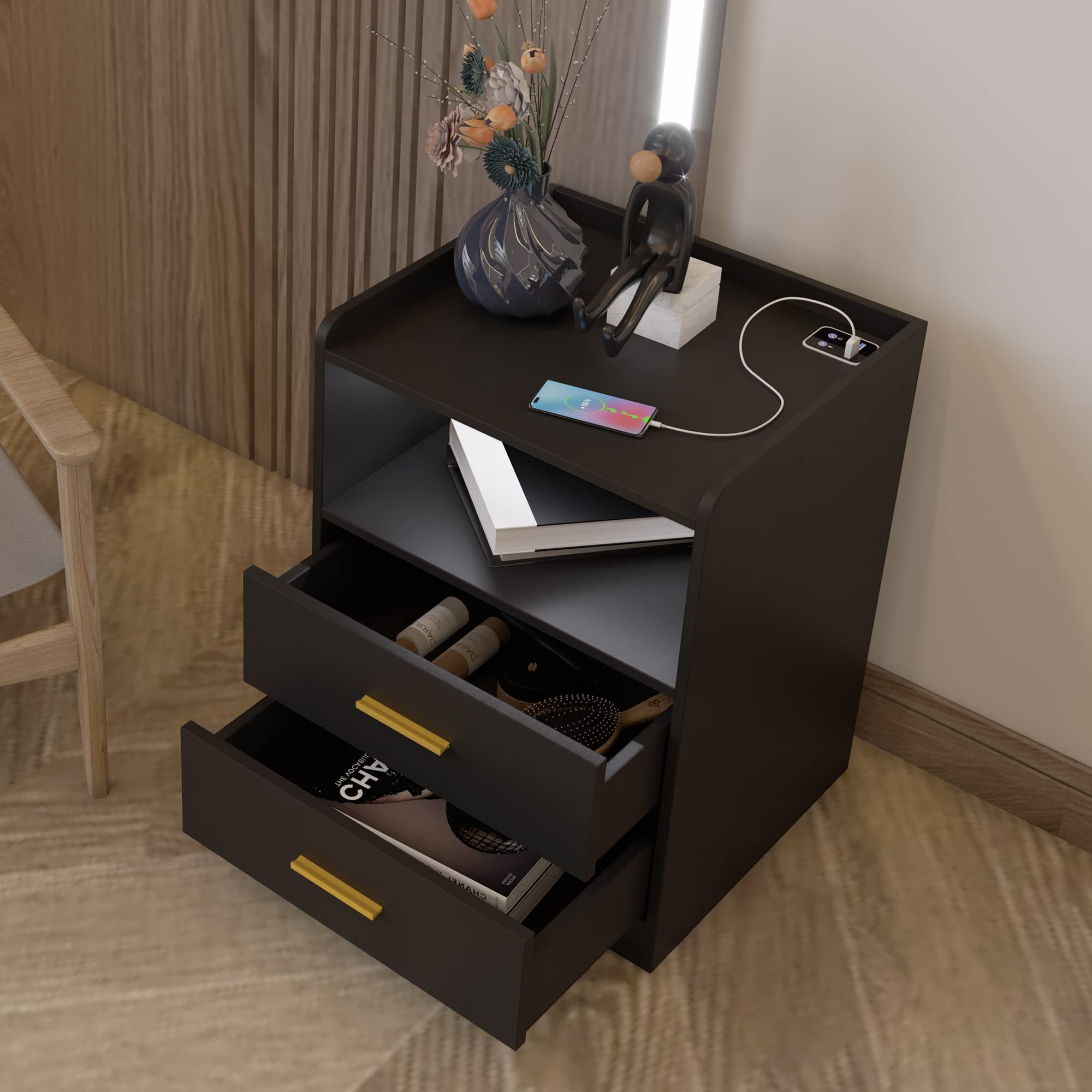 Black Nightstand with Charging Station