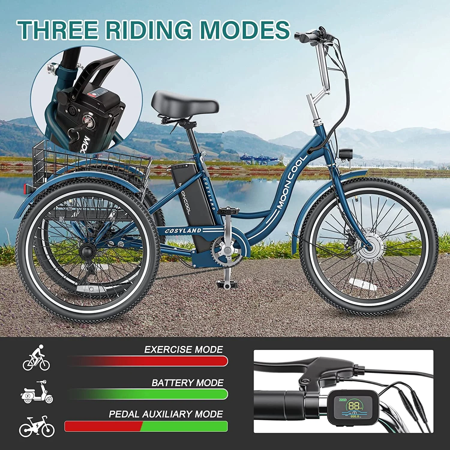 MOONCOOL 3-Wheel Electric Tricycle with Basket, 350W, 36V