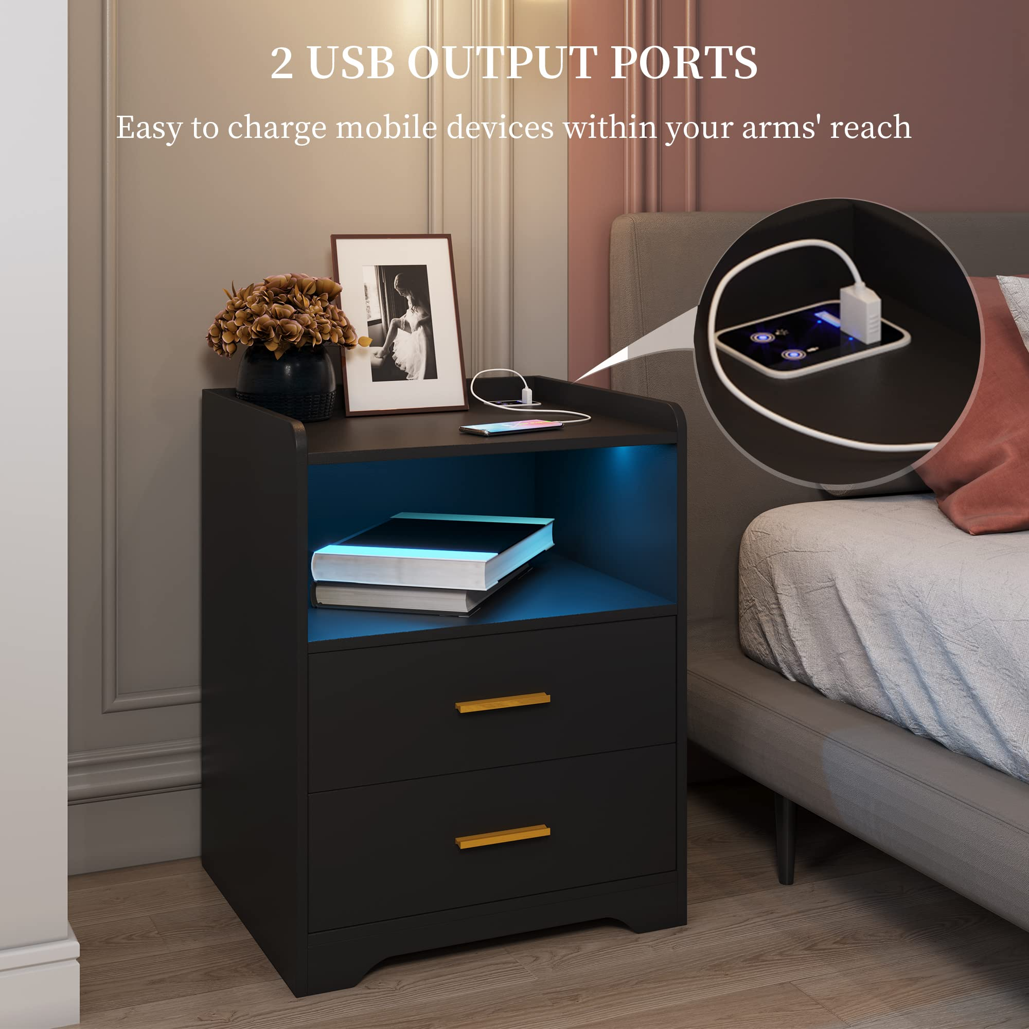 Black Nightstand with Charging Station