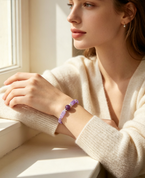 Raw Amethyst Tube Bead Stretch Bracelet Natural Purple Crystal Women Bracelet