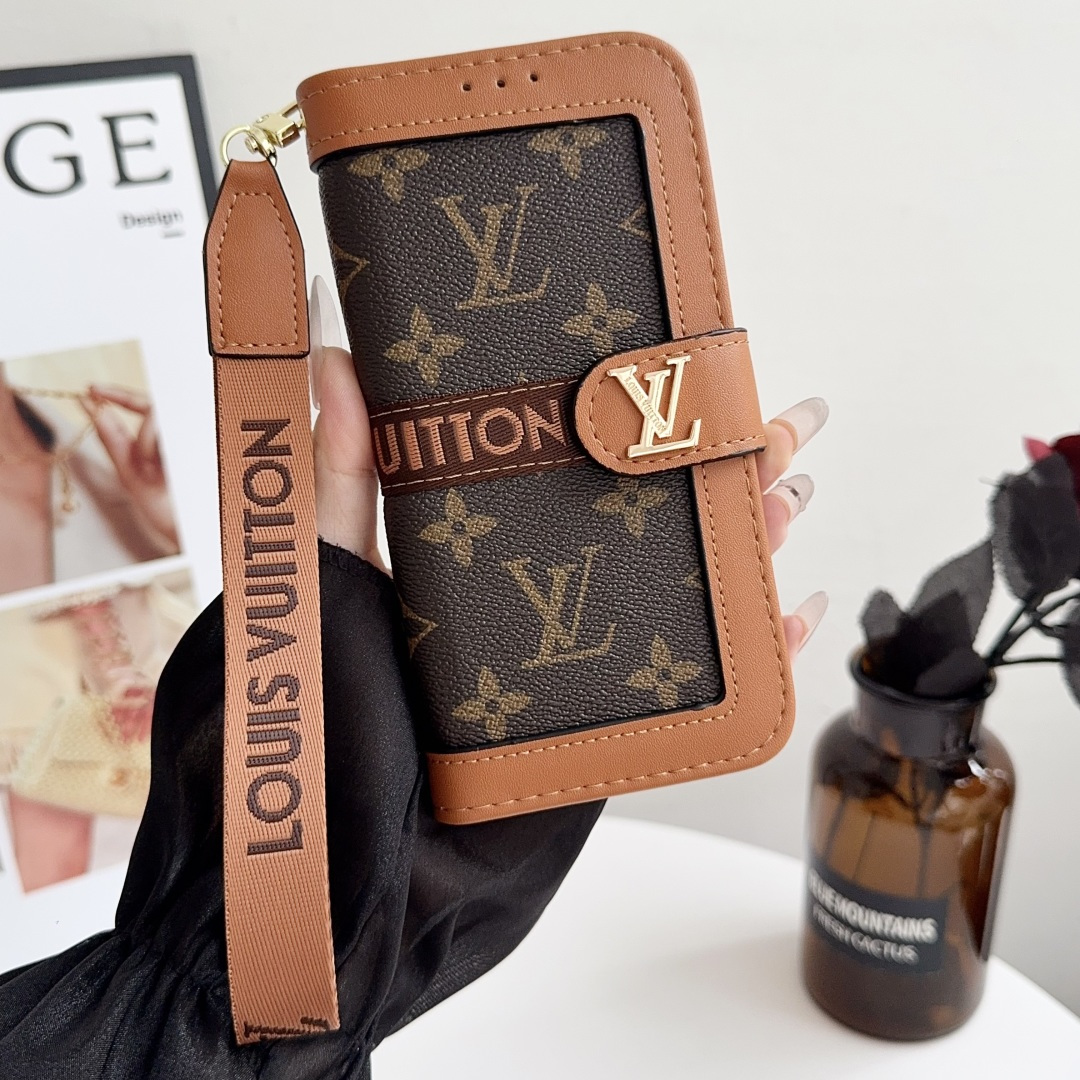 Luxury Designer Monogram Flip Wallet Phone Case with Wrist Lanyard