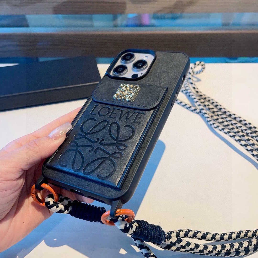 Loewe Style Leather Card Holder Phone Case with Crossbody Woven Strap