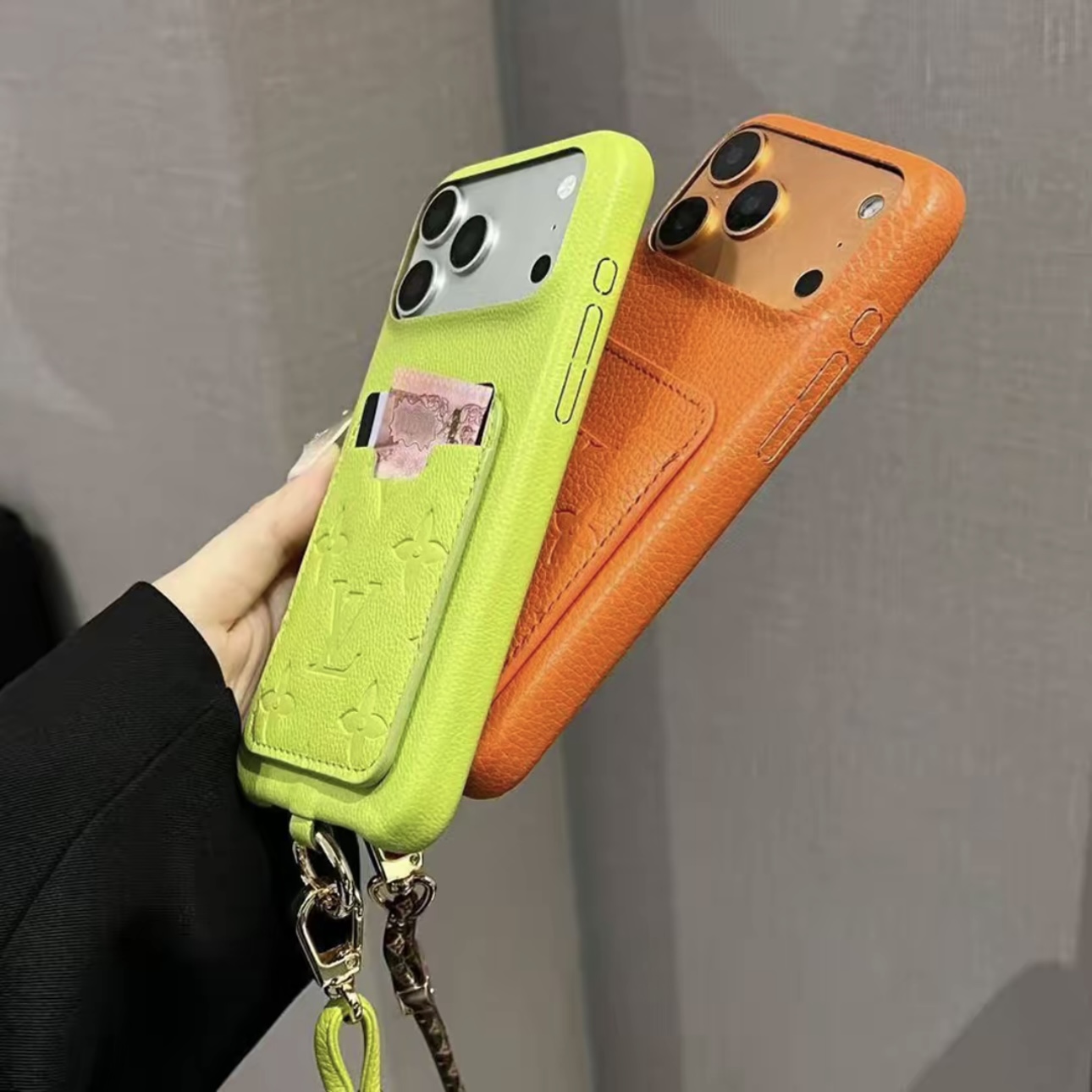 Colorful LV Embossed Monogram Card Holder Crossbody Lanyard Luxury Leather Phone Case
