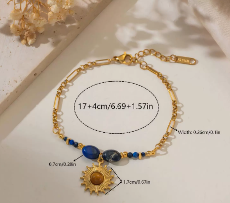 Natural Lapis Lazuli Sun Pendant Bracelet | Gold Plated Stackable Chain Bracelet