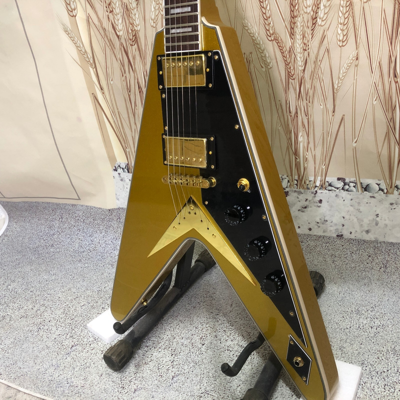 Badaxx Flying V Electric Guitar Gold Top Gold Warehard Solid Mahogany 22 Frets