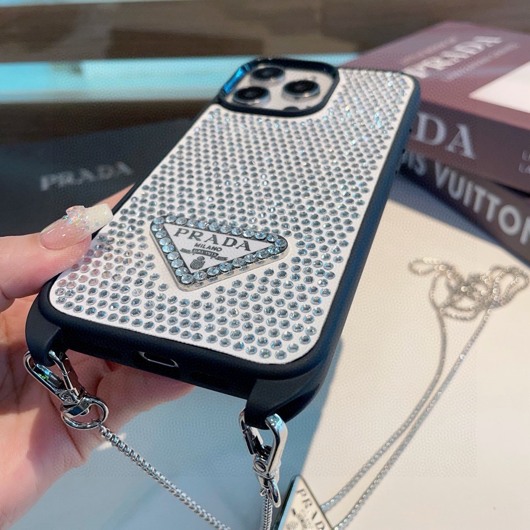 Prada Style Full Diamond Glitter Phone Case With Crossbody Chain Strap