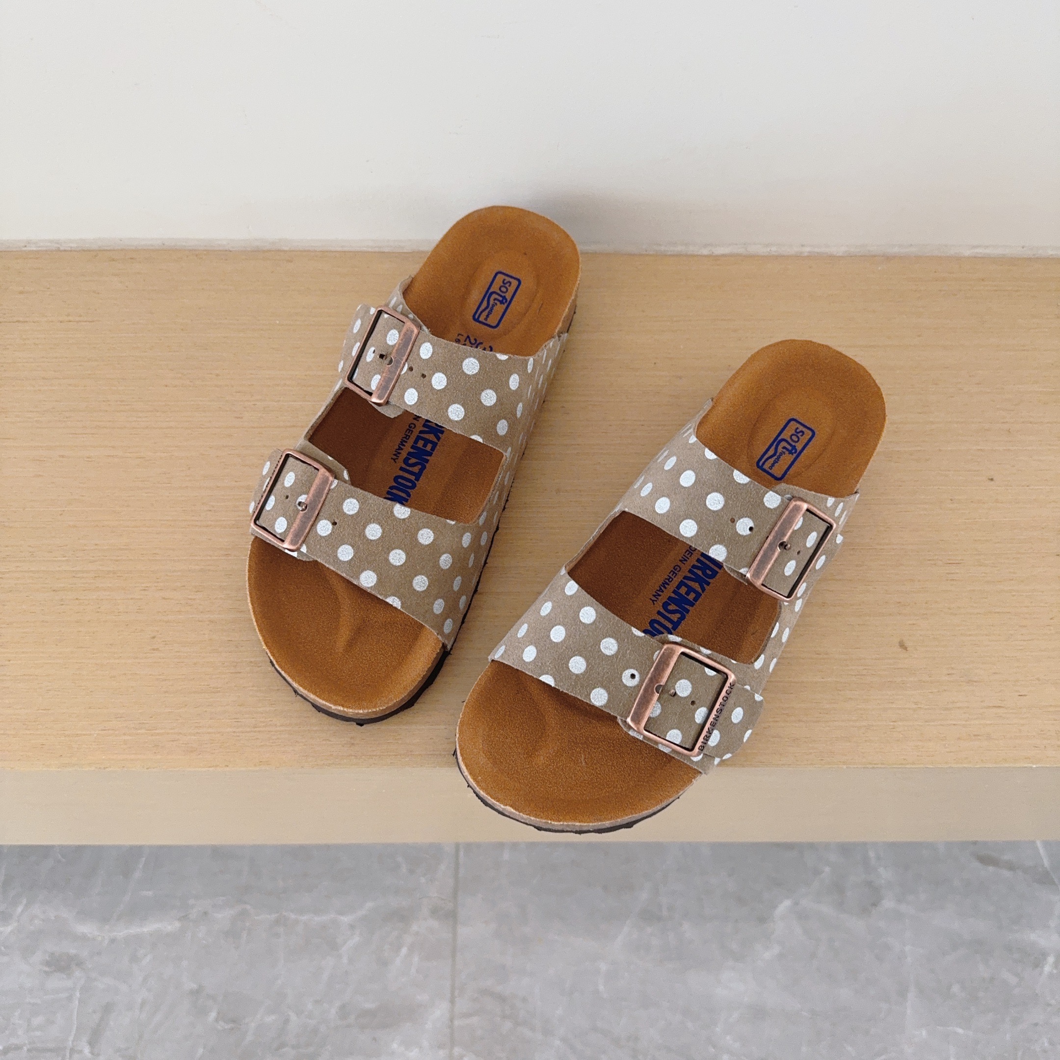 Polka Dot Birken-Style Two-Strap Sandals