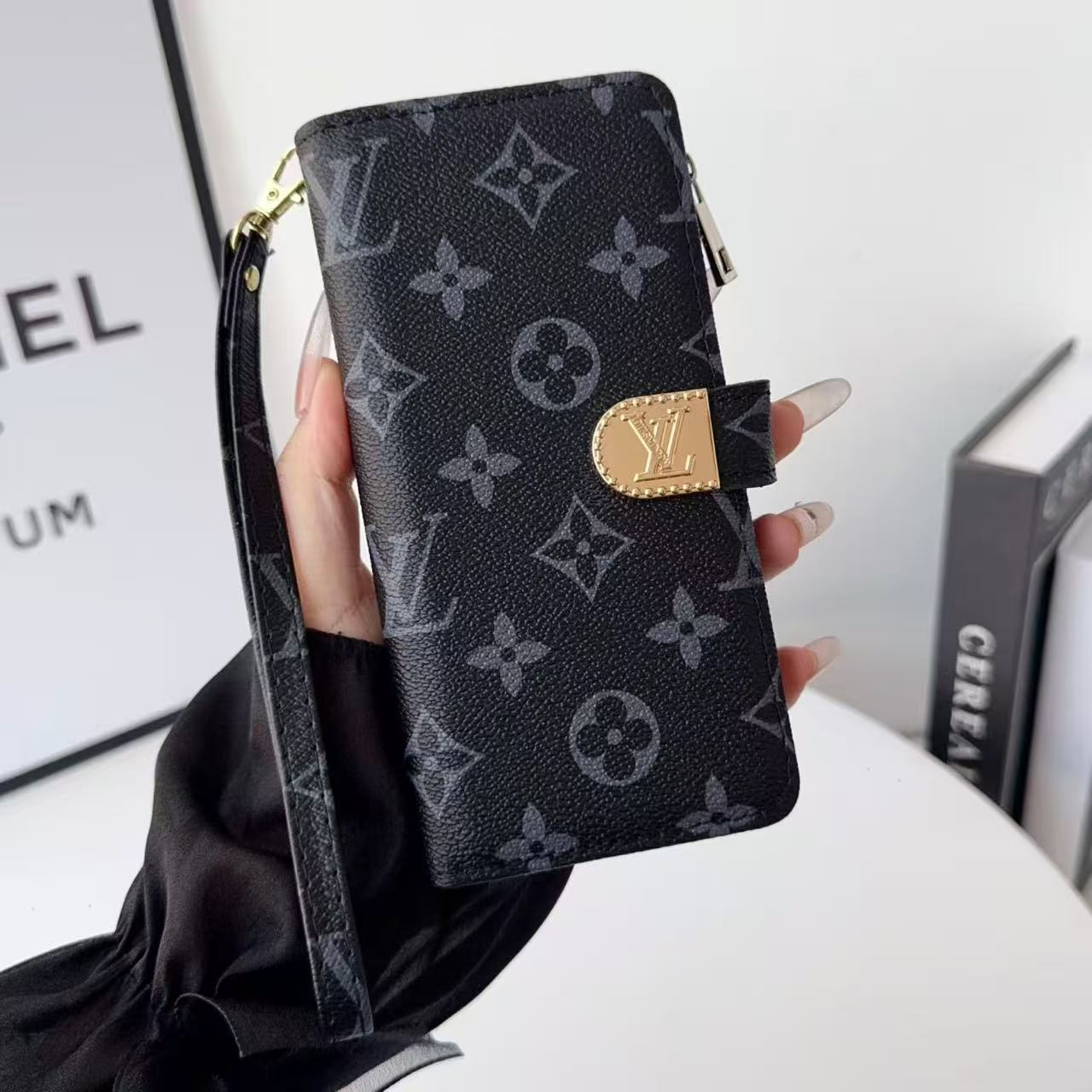 LV & GG Classic Monogram Flip Wallet Phone Case Multi Card Slots Zipper Purse With Wrist Strap