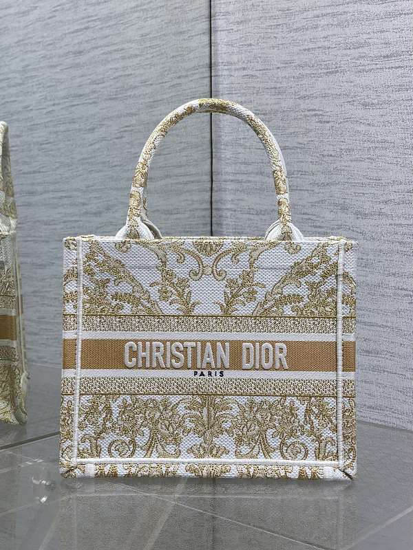 Dior Book Tote Small White Gold Embroidered