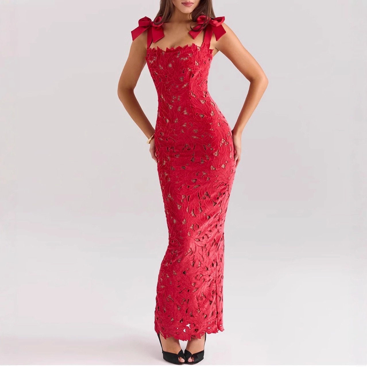 Spring Summer New Style Lace Butterfly Knot Bodycon Dress Casual Holiday Party Women's Dress