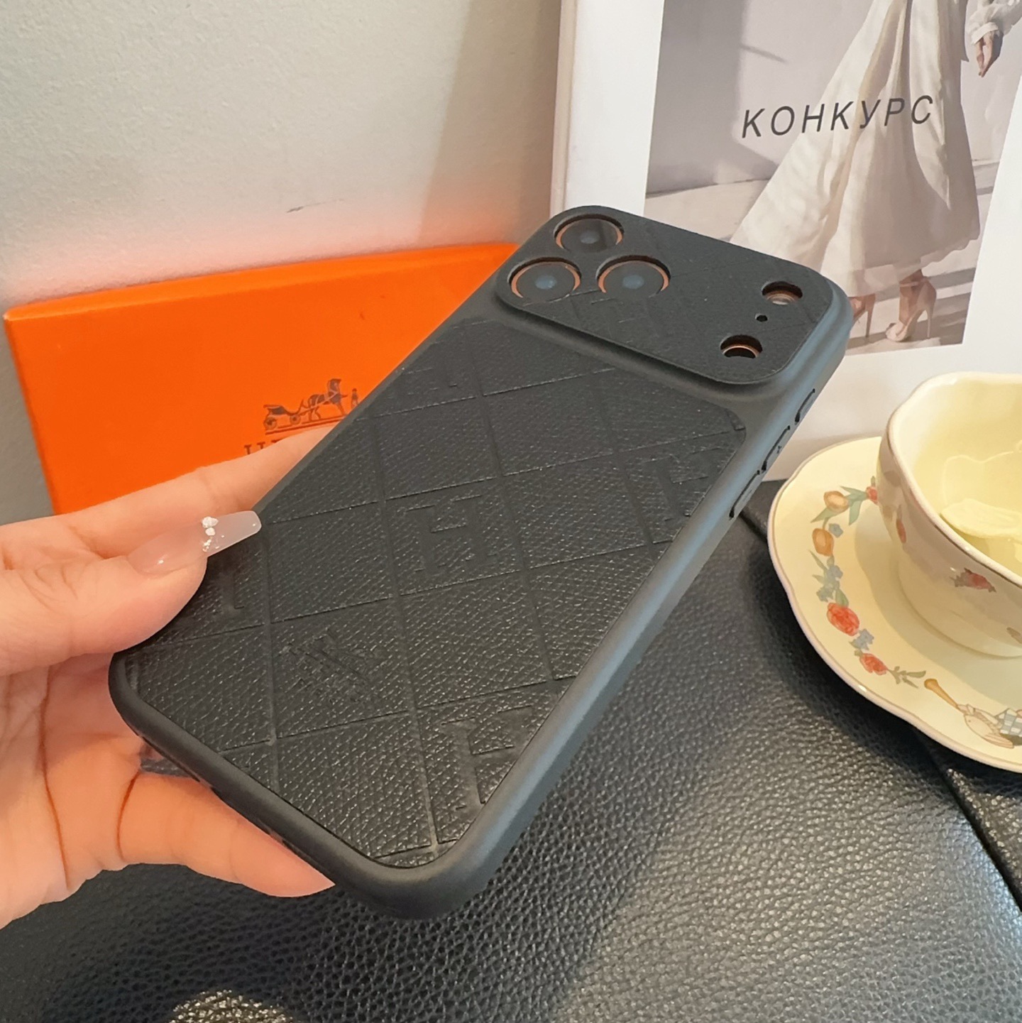Hermès Style Embossed Leather Texture Full Cover Phone Case