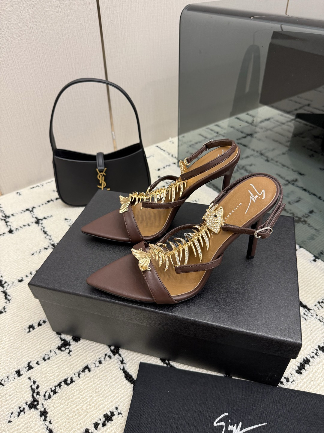Giuseppe Zanotti Slim 2.0 105 black crystal fishbone sandal