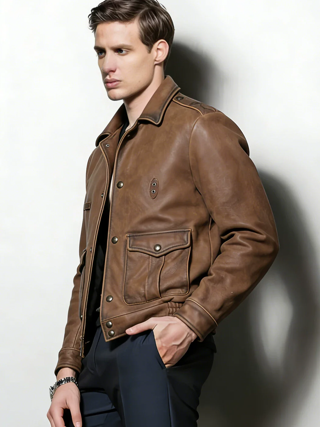 Men's retro old head layer thick soft cowhide jacket