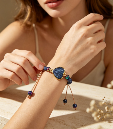 Natural Blue Sodalite Heart Druzy Charm Bracelet Handmade Women Boho Bracelet