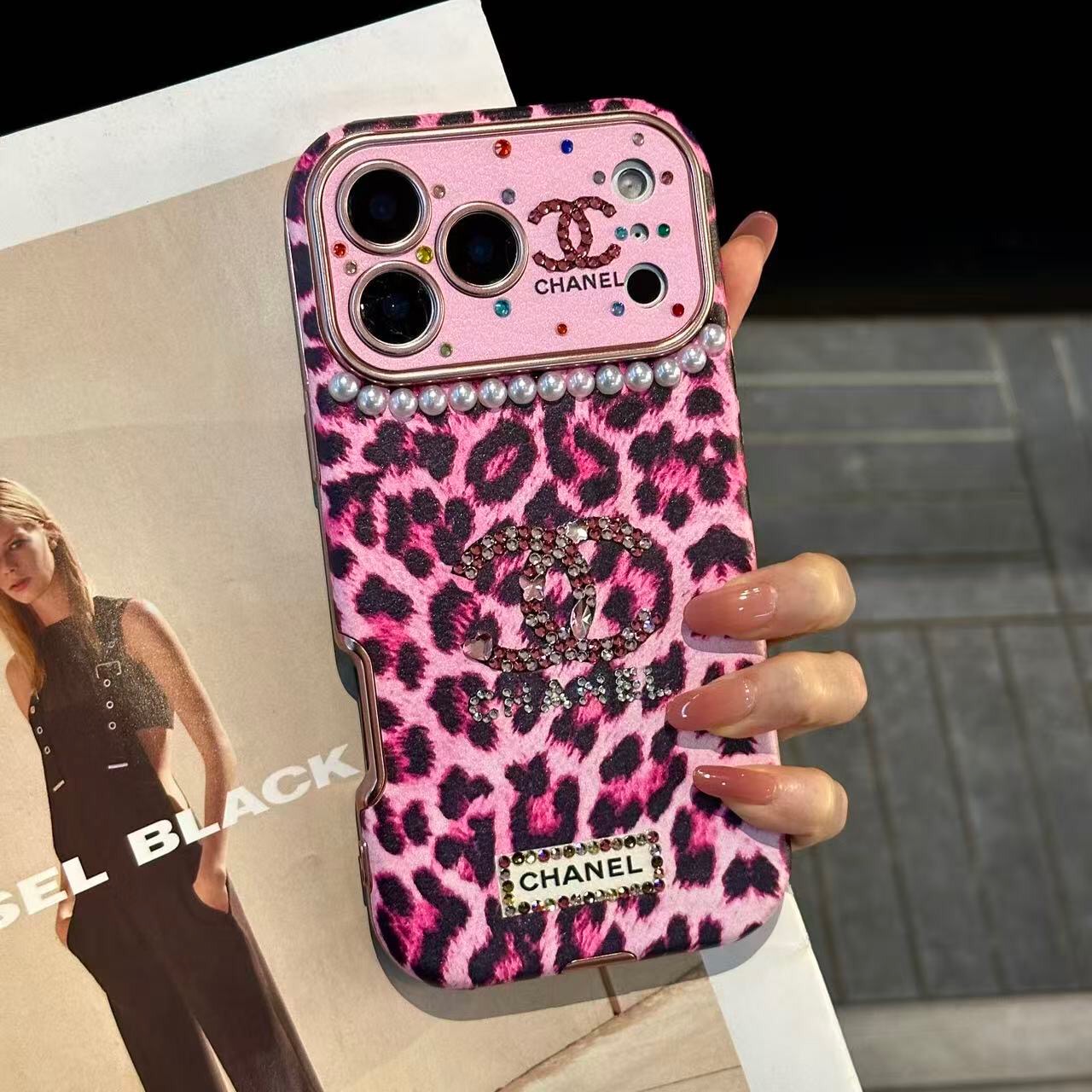 Leopard Print Rhinestone CC Logo Pearl Trim Luxury Shockproof iPhone Case With Crystal Wrist Chain