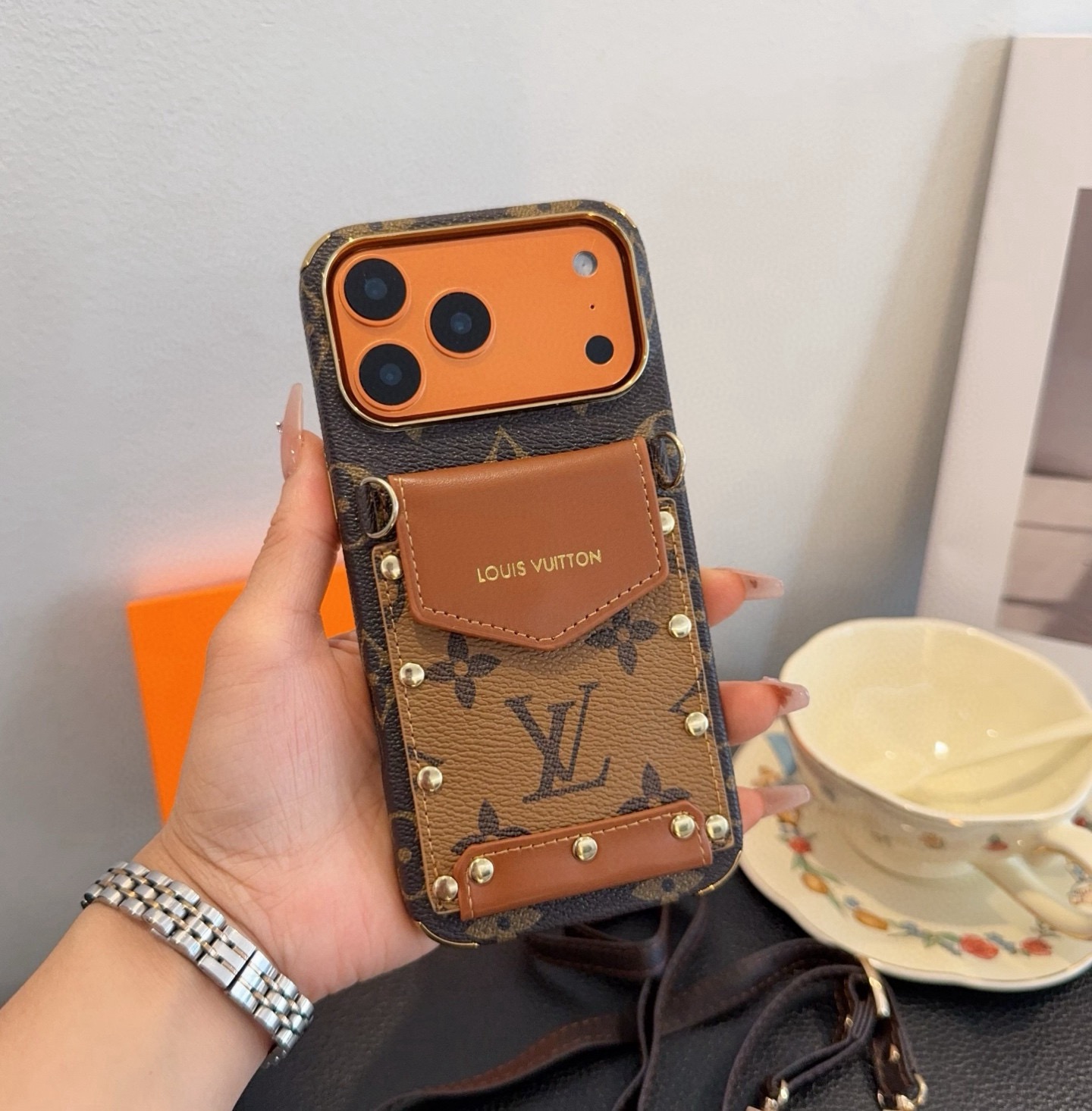 Louis Vuitton Style Monogram Card Holder Crossbody Phone Case With Rivet Detail