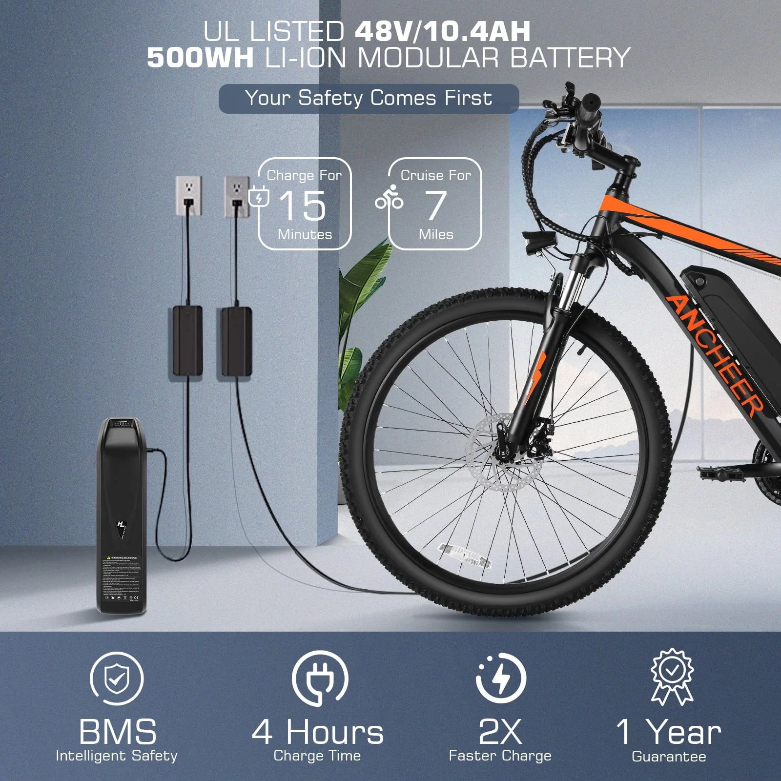 VIBESPARK 26in Electric Mountain Bike, 500W, 48V 7.8Ah