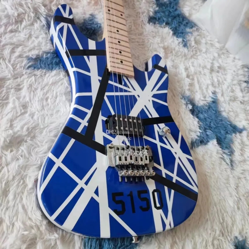 Blue Electric Guitar Black White Stripes,Floyd Rose Tremolo Bridge Locking Nut