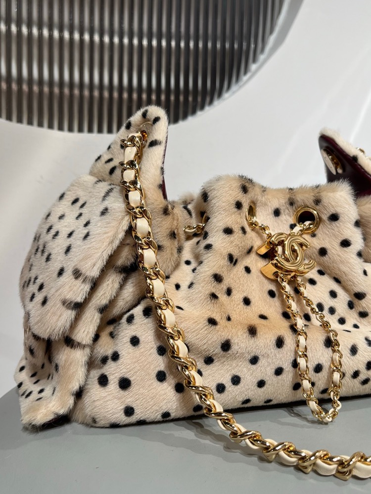 Chanel Mini 25 Spotted Shearling Fur Drawstring Bucket Bag Chain Shoulder Bag
