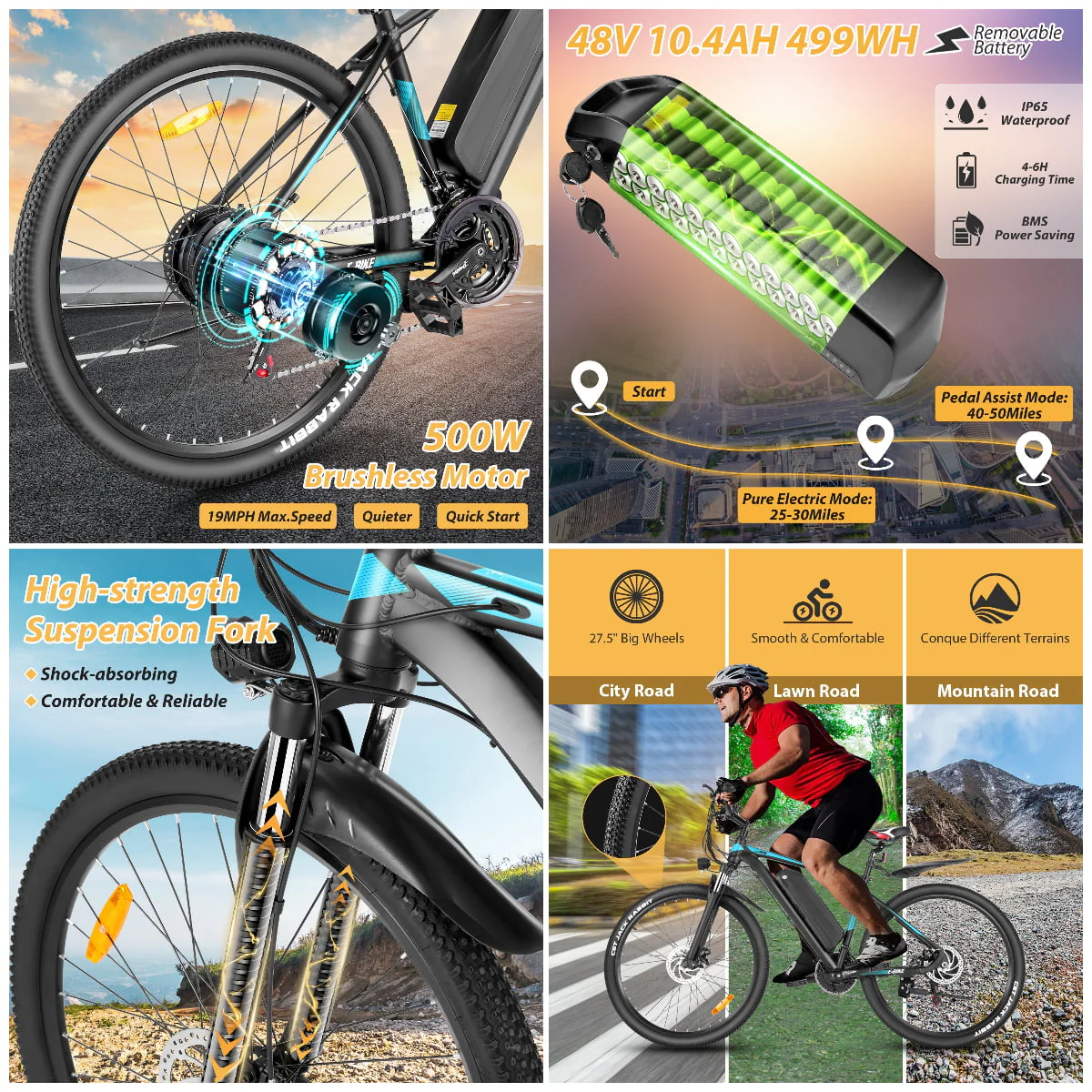 Elifine 27.5in Electric Mountain Bike, 500W, 48V 10.4Ah