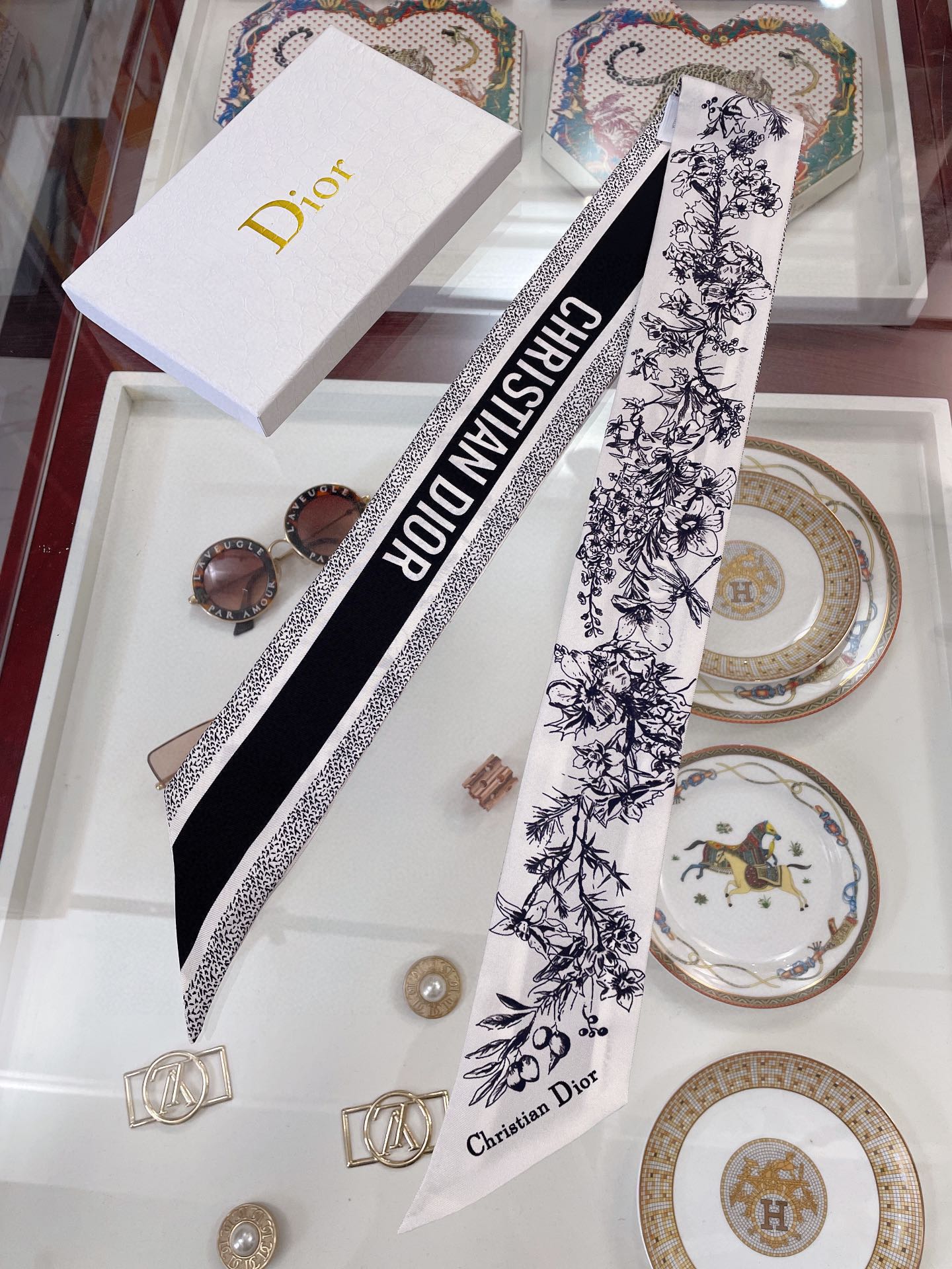 Dior Toile Print Mitzah Scarf Green and Grey 6 x 100 cm / 6 x 105 cm
