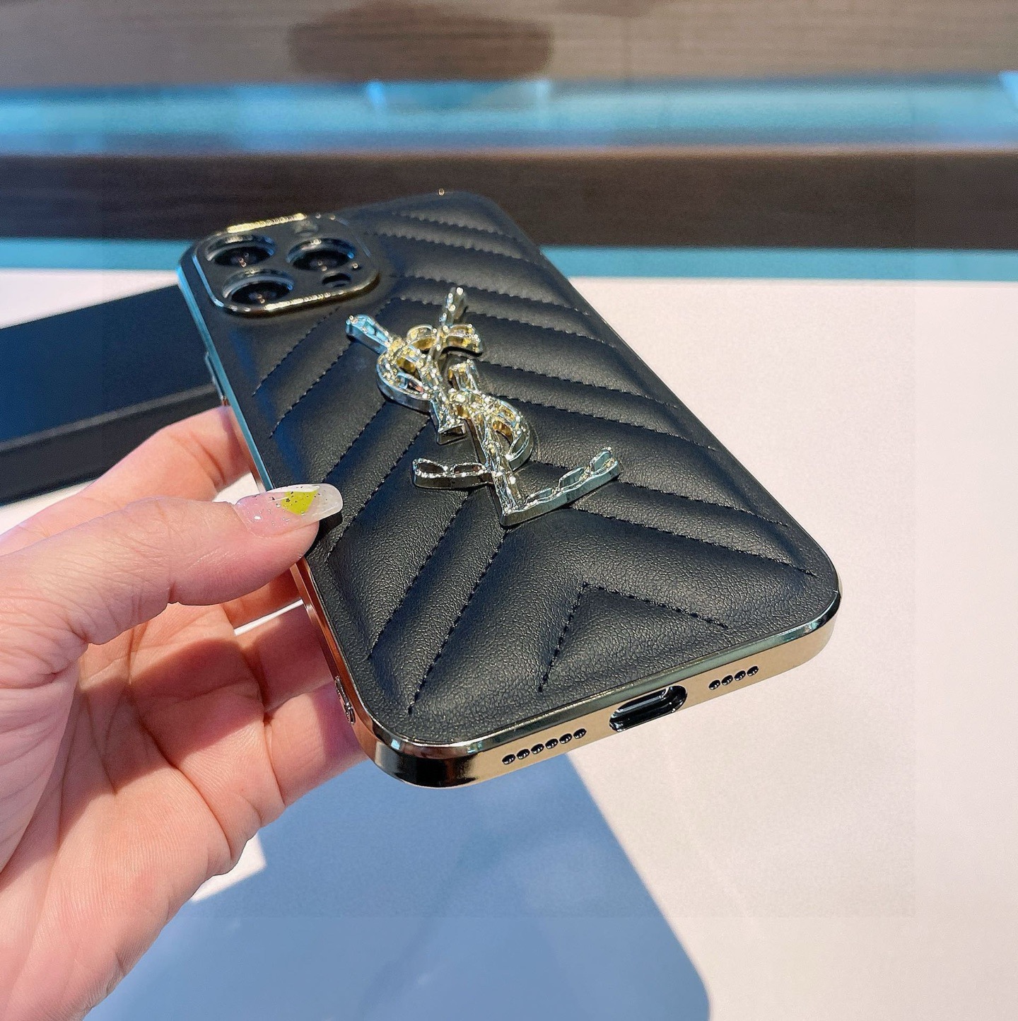 YSL V-Shaped Quilted Leather Diamond Metal Logo Electroplated Frame Luxury Phone Case